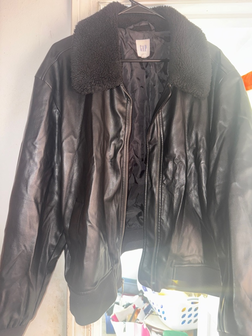GAP Women’s Black Leather Jacket with Shearling Collar
